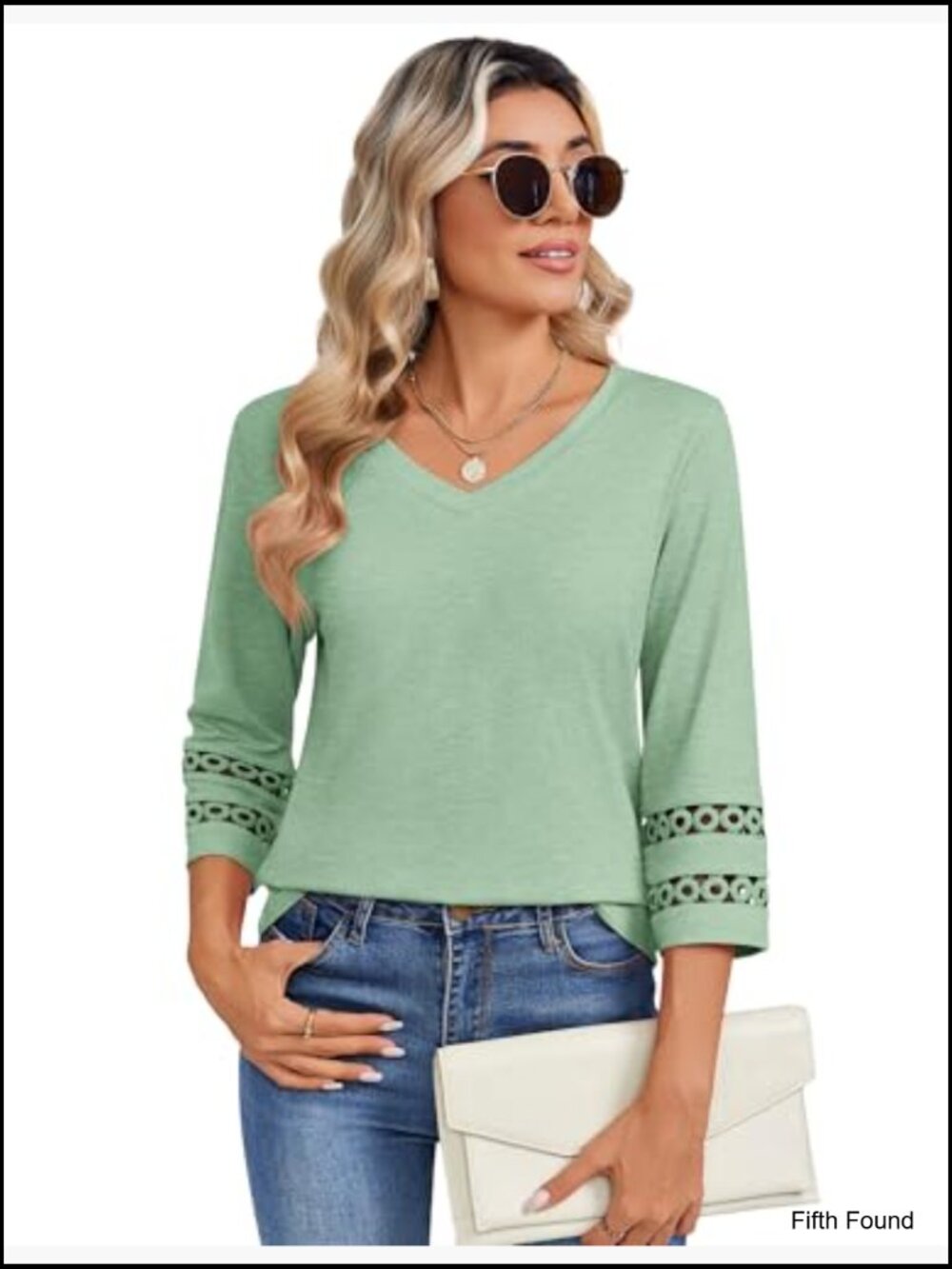 V-Neck 3/4 Sleeve Blouse with Eyelet Lace, Polyester Spandex, Work Casual Top - Picture 4 of 6